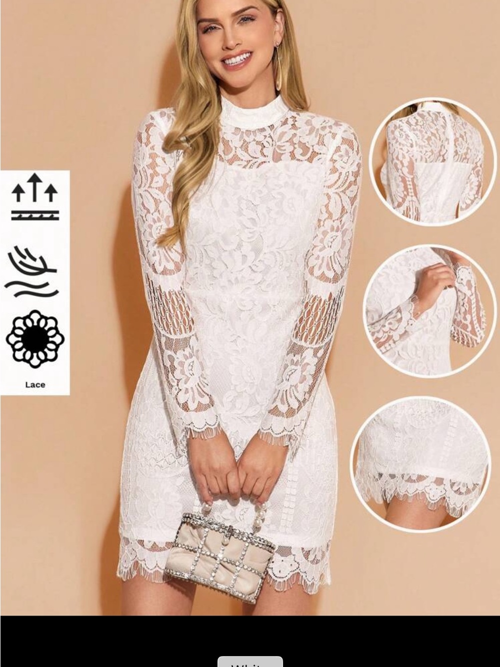 SHEIN White Lace High-Neck Long Sleeve Mini Dress